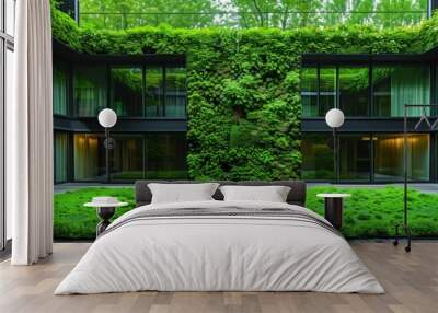 Courtyard of eco house, condominium with green meadow in yard and vertical gardens. Large glass windows and lush greenery, eco friendly urban living. City landscape greening. Background for banner Wall mural