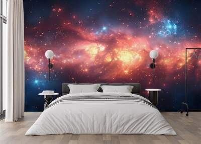 Deep space cosmic nebula with vibrant colors of orange, blue, and yellow. Banner with copy space. Stars and galaxies create inspiring universe view. Concept of science and space themes Wall mural