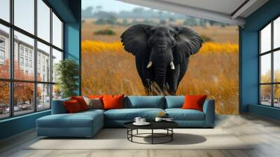 Elephant in dry orange grass. Majestic creature contrasts with arid environment. Impact of climate change on habitats. Concept of wildlife adaptation to challenging ecosystems Wall mural