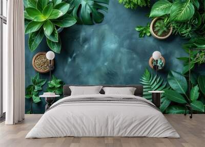 Frame of fresh bright plants with green leaves around empty copy space on blue textured background. Mockup, template for design, eco friendly, ecology, nature and botanical concept, flat lay, top view Wall mural