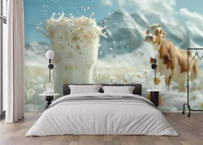 Glass of fresh milk with dynamic splashes against backdrop of snow capped mountains, cow and chamomiles in blur. For design, print, card, poster, flyer, advertising. Milk concept. World milk day Wall mural