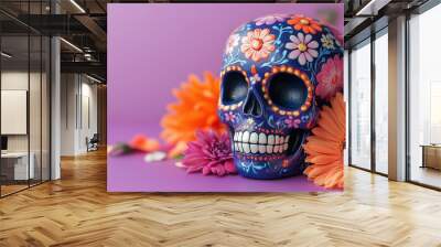 Mexican sugar skull decorated with colorful flowers on purple background. Traditional symbol of day of dead festival. Concept of cultural celebration and remembrance. Festive banner with copy space Wall mural