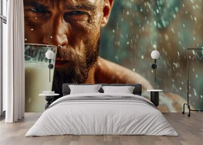 Muscular strong caucasian bodybuilder with beard holds glass of milk, protein shake on dynamic background with space for text. Concept of fitness, health sport nutrition and World Milk Day Wall mural