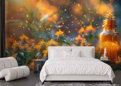 Ripe cannabis buds with trichomes are placed in a bottle, turning into magical CBD oil. Drops of cannabis oil float in the air. Template for design. Banner with place for text. CBD oil concept Wall mural