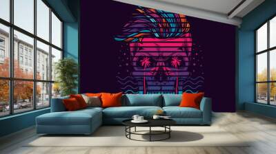 Neon hipster skull in marine style with sunset and palm trees. Original vector illustration. T-shirt design Wall mural