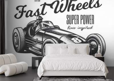 Original vector illustration in vintage style. An old vintage racing car on a white background. T-shirt design, stickers, print. Wall mural