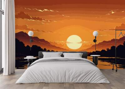 Sunset, river background landscape illustration vector graphic, Sunrise, warm colors vectorized mountain land view graphic  Wall mural