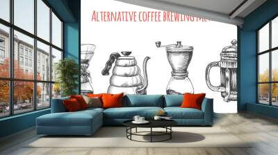 Illustration with an alternative way of brewing coffee. Alternative coffee brewing methods sketch. Wall mural