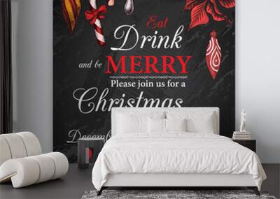 Invitation card for a Christmas party. Design template with xmas hand-drawn graphic illustrations. Greeting card with the New Year and Christmas holidays. Wall mural