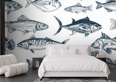 Vector illustration sketch - fish pattern Wall mural