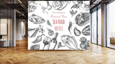 vector illustration sketch - seafood. card menu restaurant. vintage design template, banner Wall mural