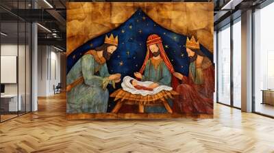 Birth of Jesus Christ. Nativity scene with three wise men magi visiting baby Jesus in the manger. Ai generative Wall mural