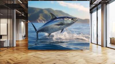 Bluefin Tuna jumping out of water. Generative Ai Wall mural