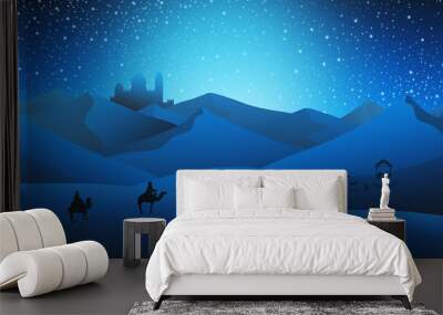 Christmas Nativity Scene of three Wise Men Magi going to meet Baby Jesus in the Manger with the city of Bethlehem in the distance Illustration Wall mural