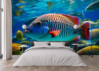 Colorful tropical fish in the blue ocean. Ai generative Wall mural