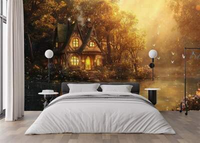 Cottage on the lake in enchanted surrounding. Whimsical fairytale scene. Generative Ai Wall mural