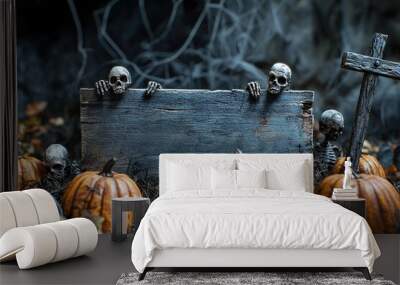 Halloween party with pumpkins, skeletons and skulls at cemetery. Happy halloween. Blank wooden board to add text. Ai generative Wall mural