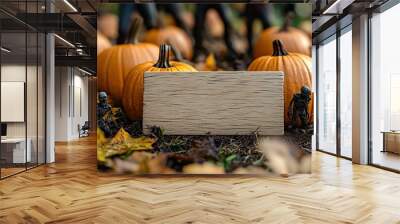 Halloween party with pumpkins, skeletons and skulls at cemetery. Happy halloween. Blank wooden board to add text. Ai generative Wall mural