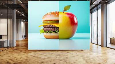 Hamburger or apple. Healthy vitamin rich food like fruits vs unhealthy fast food. Image split in half. Generative Ai Wall mural