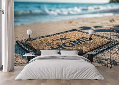 Home doormat with text HOME on the doormat, at sand tropical beach on a summer day. Generative Ai Wall mural