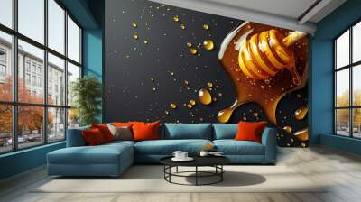 Honey with wooden dipper isolated on black background. Top view composition. Generative Ai Wall mural