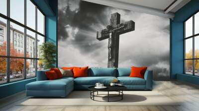 Jesus Christ crucified at Golgotha hill outside ancient Jerusalem. The crucifixion of Christ with stormy clouds in the sky. Vintage film look Wall mural