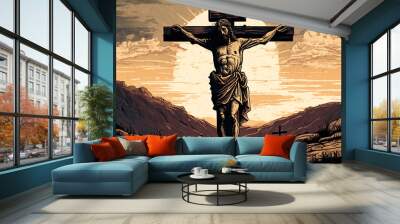 Jesus Christ crucified on the cross at Calvary hill. Ai generative Wall mural