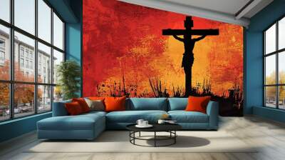 Jesus Christ crucified on the cross at Calvary hill. Generative Ai illustration Wall mural