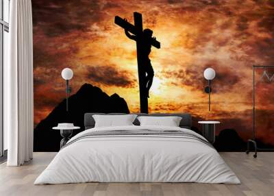 Jesus Christ crucified on the cross at Calvary hill Wall mural