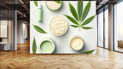 Layout of Hemp cosmetic products. Cream, lotion, moisturiser, cbd, oil. Cannabis leaves. White background. Top view, flat lay. Ai generative Wall mural