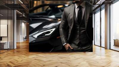 Man in a stylish suit posing by luxury car. Ai Generative Wall mural