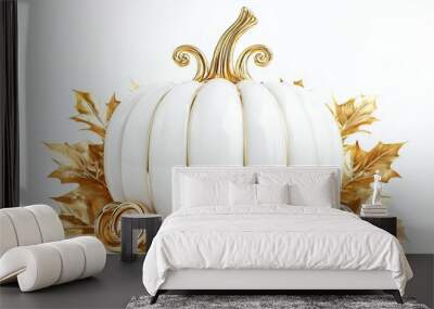 Pumpkin in white color with golden leaves isolated on a white background. Thanksgiving day concept. Generative Ai Wall mural