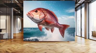 Red Snapper jumping out of the ocean water. Ai generative Wall mural