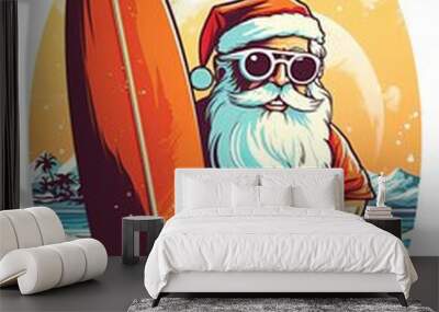 Santa Claus at the tropical beach with surfboard. Sticker, T-shirt design. Generative Ai Wall mural