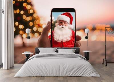 Santa Claus holding smartphone and taking selfie. Ai Generative Wall mural