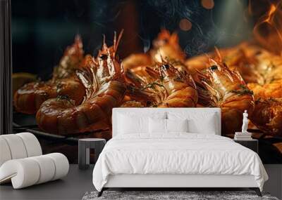 Shrimps cooked on barbecue over the hot coals and fire. Generative Ai image Wall mural