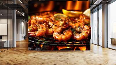 Shrimps cooked on barbecue over the hot coals and fire. Generative Ai image Wall mural