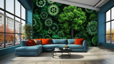 Tree combined with gear wheel, cogs. Ecology conservation during industrial production. Ai generative Wall mural