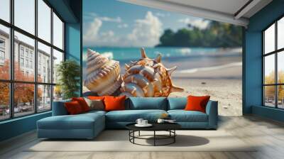 Two beautiful sea shells on sandy tropical beach by the ocean with clear blue sea and sky in background. Generative Ai Wall mural