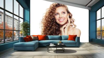 Blonde woman with long healthy hair isolated on white background. Spa beauty, cosmetology and facial treatment concept Wall mural