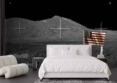 Desert space landscape through viewfinder of Moon rover. Cosmic scene with desert, stone, sand and USA flag Wall mural