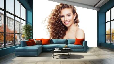 Happy woman with long wavy hair isolated on white. Emotion. Expressive facial expressions Wall mural