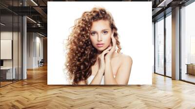 Healthy woman with clear skin and perfect curly hair isolated on white background. Spa beauty portrait Wall mural