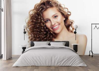 Pretty woman with curly haircut isolated on white. Positive emotion Wall mural