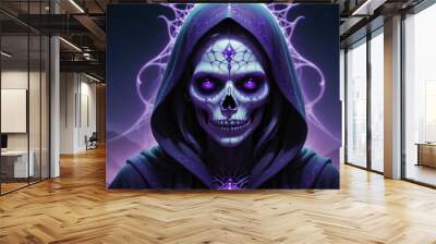 A symmetric portrait of a female evil cursed necromancer features dissolving into curse magic Wall mural