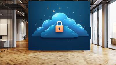 Abstract illustration of cloud security services stylized cloud icon integrated with a secure padlock symbol representing data protection and cybersecurity in cloud computing environments Wall mural