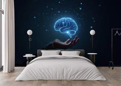 Businessman holding glowing brain on dark background AI network of brain on business analysis innovative growth development and overall business success Wall mural