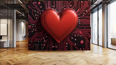 Circuit board background with red heart Valentine technology business card Wall mural