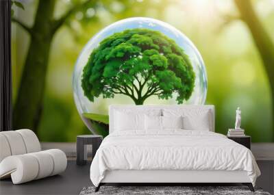 Globe ball with tree growing and green nature blur background Wall mural