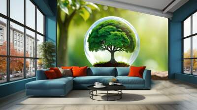 Globe ball with tree growing and green nature blur background Wall mural